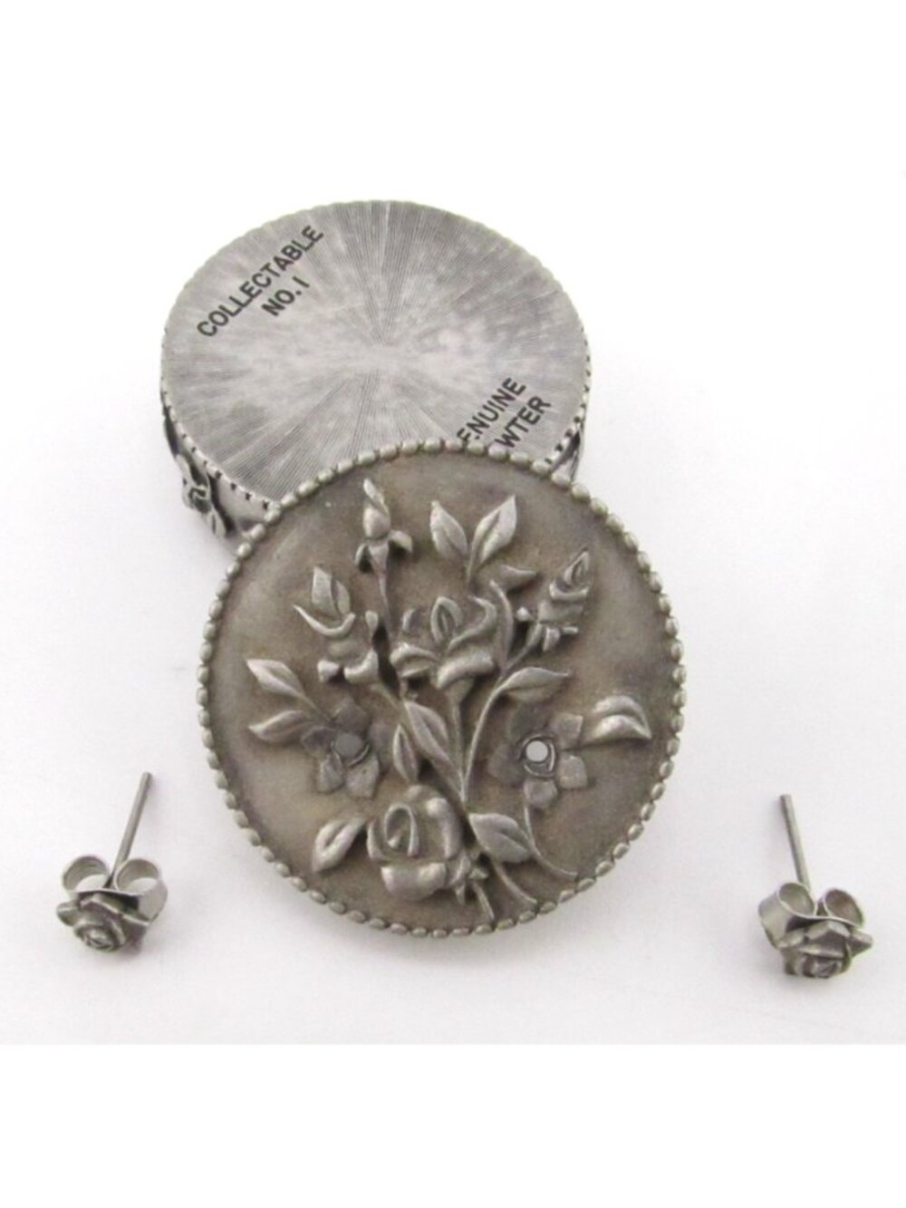 Trinket Box Pewter Floral Roses VTG Ms Dee Earrings Pin Brooch Circa Minimalist